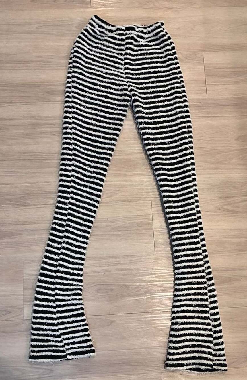 Black White Fuzzy Knit Striped Pants Size M Textured Flared